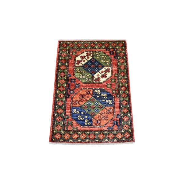 2'x3' Coral Red Turkeman Ersari with Elephant Feet Design, Densely Woven, Hand Knotted, Natural Dyes, Soft and Shiny Wool Oriental Rug  - 70767