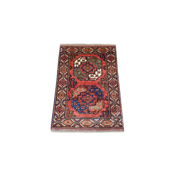 2'x3' Coral Red, Hand Knotted, Densely Woven, Turkeman Ersari with Elephant Feet Design, Soft and Shiny Wool Oriental Rug  - 70792