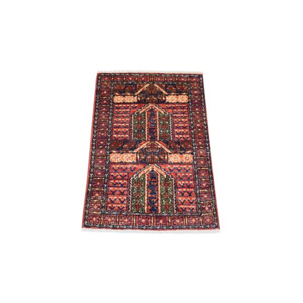 2'x3' Red Turkeman Ersari with Prayer Design, Natural Dyes, Hand Knotted, Densely Woven, 100% Wool Oriental Rug  - 70793