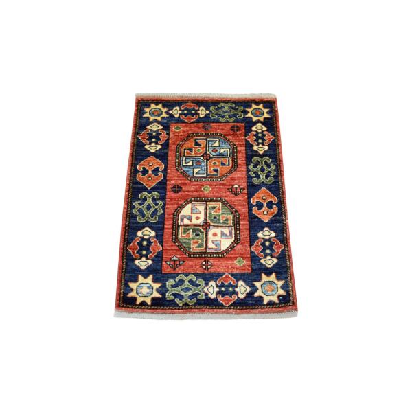 2'x3' Coral Red with Navy Blue Border Afghan Ersari, Elephant Feet Design, Natural Dyes, Soft and Shiny Wool Oriental Rug  - 70798