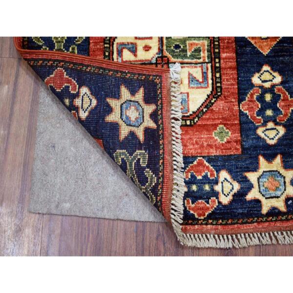 2'x3' Coral Red with Navy Blue Border Afghan Ersari, Elephant Feet Design, Natural Dyes, Soft and Shiny Wool Oriental Rug  - 70798 - Image 3