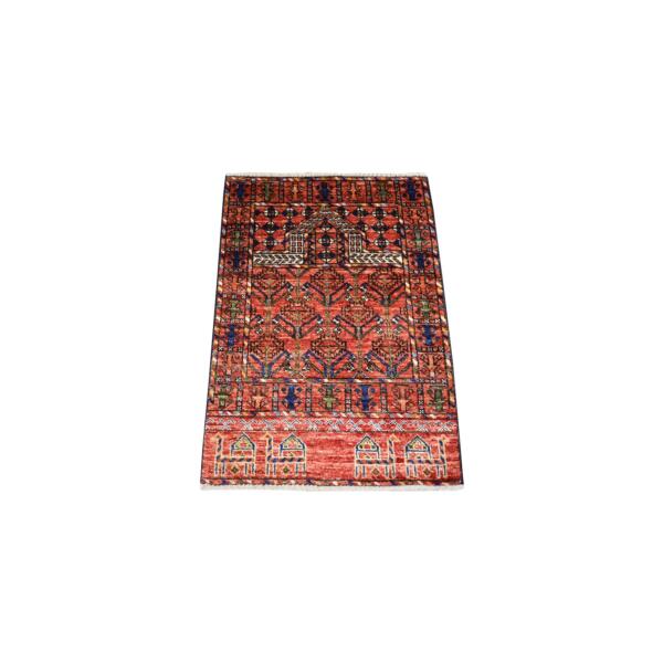 2'x3' Coral Red Hand Knotted, Natural Dyes, Turkeman Ersari with Prayer Design, Pure Wool Oriental Rug  - 70806