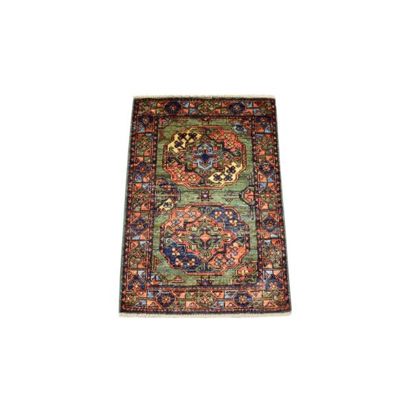 2'x2'10" Green Hand Knotted Afghan Ersari with Elephant Feet Design, Natural Dyes, Soft and Shiny Wool Oriental Rug  - 70814