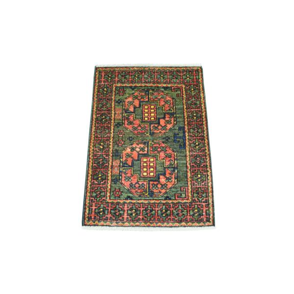 2'x2'9" Green Afghan Ersari with Elephant Feet Design, Natural Dyes, Hand Knotted, Soft and Shiny Wool Oriental Rug  - 70823