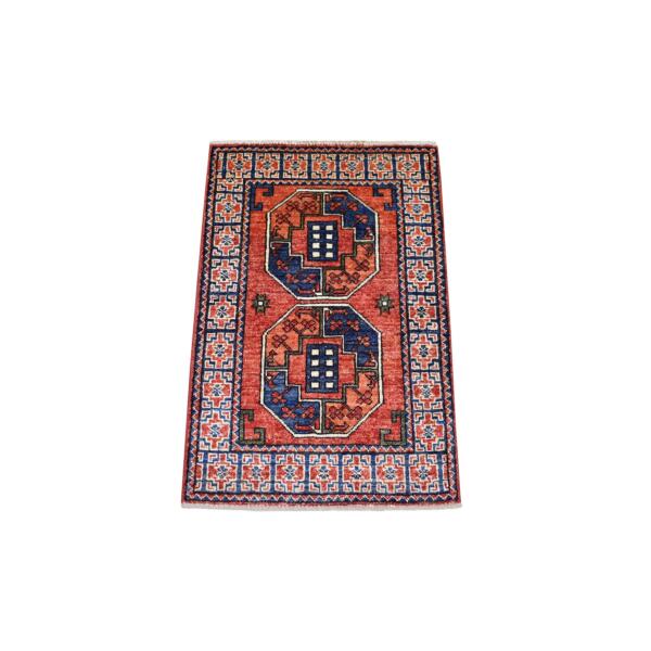 2'x3' Coral Red, Natural Dyes, Afghan Ersari with Elephant Feet Design, Hand Knotted, 100% Wool Oriental Rug  - 70828