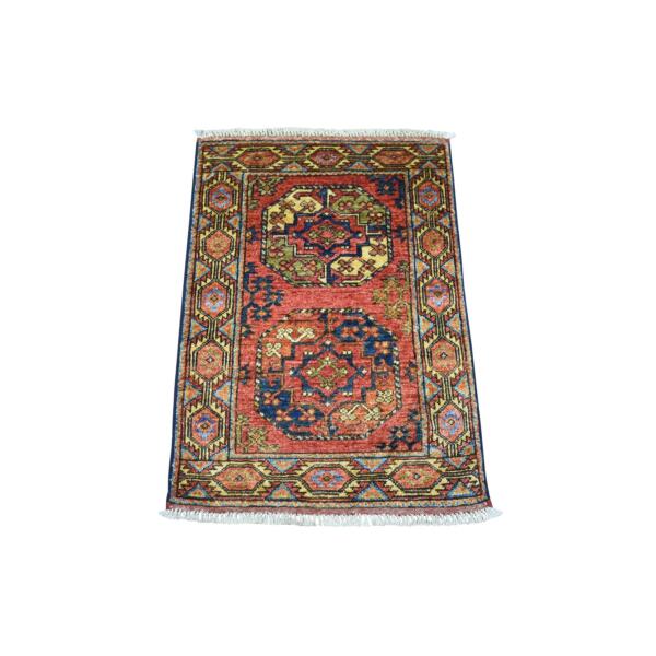 2'x3' Coral Red Afghan Ersari with Elephant Feet Design, Natural Dyes, Hand Knotted, Pure Wool Oriental Rug  - 70931