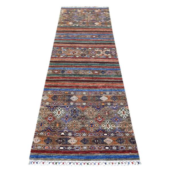 2'8"x9' Gray, Natural Dyes Extra Soft Wool Hand Knotted, Afghan Super Kazak, Khorjin Design with Colorful Tassels, Runner Oriental Rug  - 70950