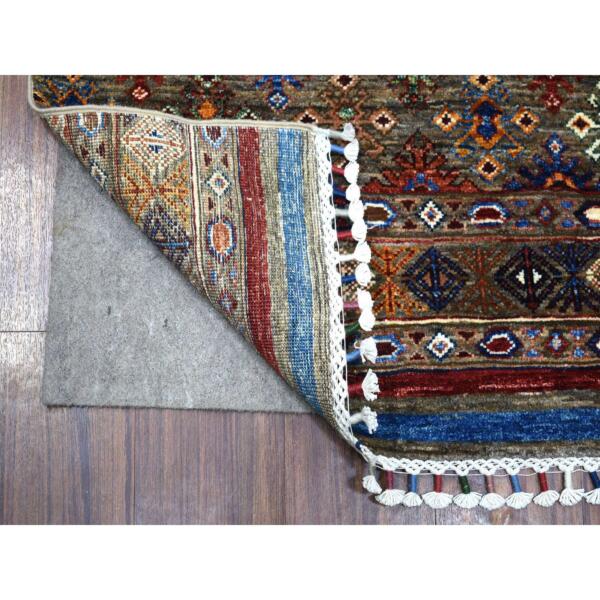 2'8"x9' Gray, Natural Dyes Extra Soft Wool Hand Knotted, Afghan Super Kazak, Khorjin Design with Colorful Tassels, Runner Oriental Rug  - 70950 - Image 3