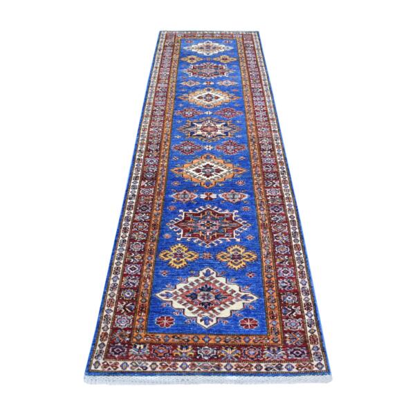 2'8"x9'6" Denim Blue, Hand Knotted Afghan Super Kazak with Geometric Medallion Design, Natural Dyes 100% Wool Runner Oriental Rug  - 70966