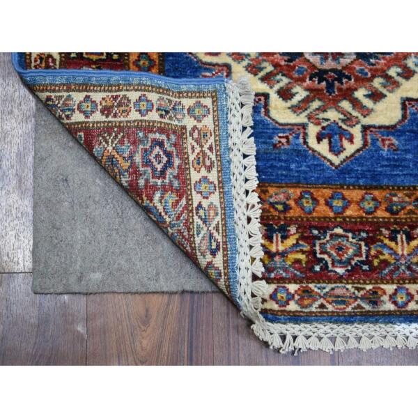 2'8"x9'6" Denim Blue, Hand Knotted Afghan Super Kazak with Geometric Medallion Design, Natural Dyes 100% Wool Runner Oriental Rug  - 70966 - Image 3