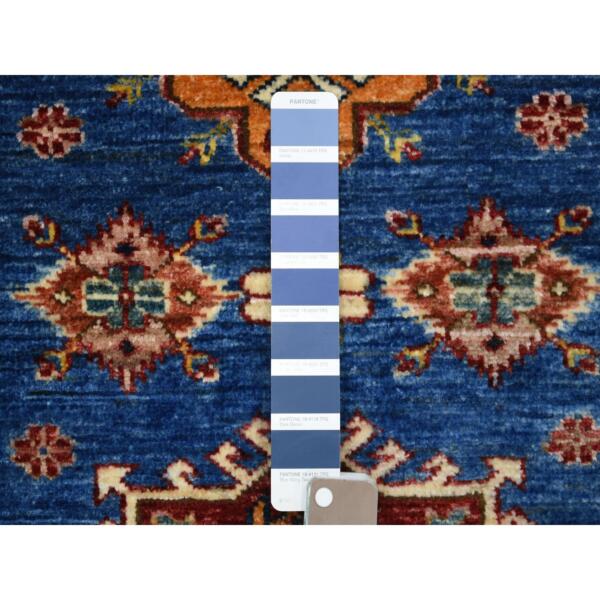 2'8"x9'6" Denim Blue, Hand Knotted Afghan Super Kazak with Geometric Medallion Design, Natural Dyes 100% Wool Runner Oriental Rug  - 70966 - Image 4