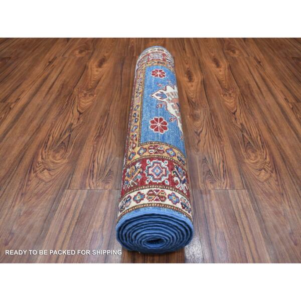 2'8"x9'6" Denim Blue, Hand Knotted Afghan Super Kazak with Geometric Medallion Design, Natural Dyes 100% Wool Runner Oriental Rug  - 70966 - Image 5