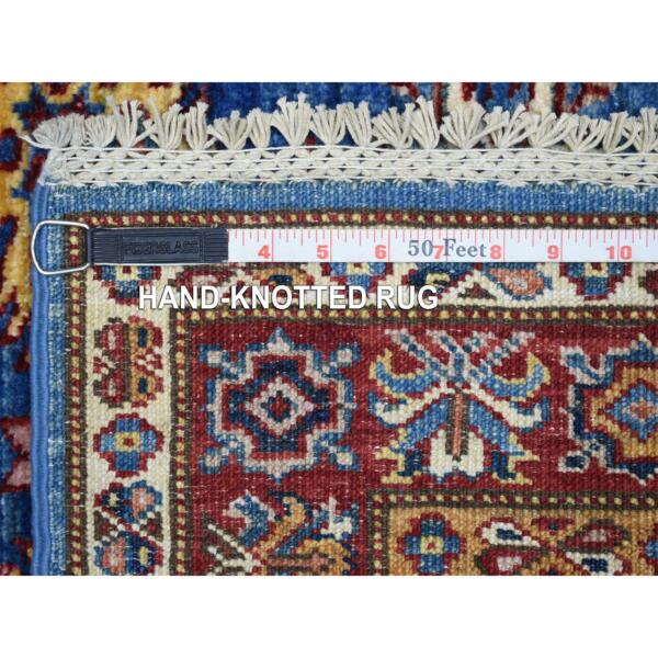 2'8"x9'6" Denim Blue, Hand Knotted Afghan Super Kazak with Geometric Medallion Design, Natural Dyes 100% Wool Runner Oriental Rug  - 70966 - Image 7