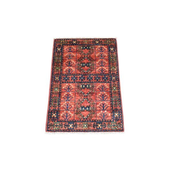 2'x3' Coral Red Turkeman Ersari with Tribal Design, Natural Dyes, Hand Knotted, Pure Wool Oriental Rug  - 71006