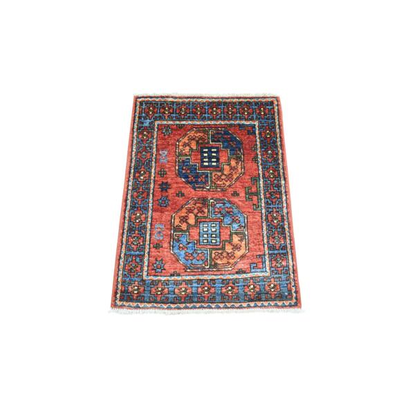2'x2'9" Coral Red Hand Knotted, Natural Dyes, Afghan Ersari with Elephant Feet Design, Pure Wool Oriental Rug  - 71009