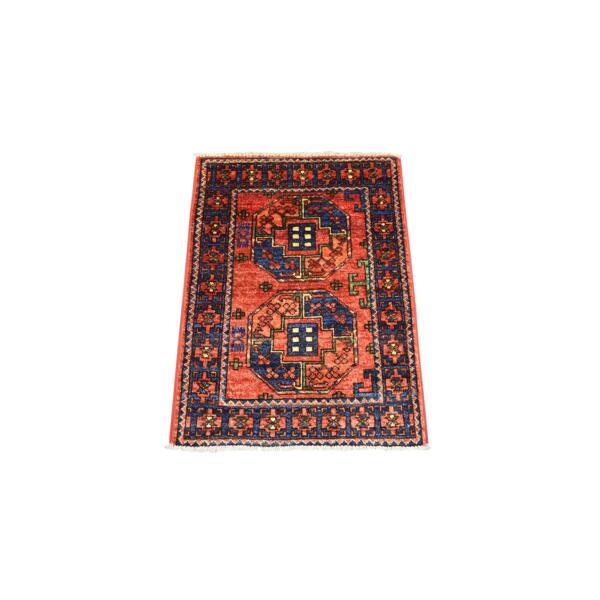 2'x2'10" Coral Red, Turkeman Ersari with Elephant Feet Design, Natural Dyes, Hand Knotted, Pure Wool Oriental Rug  - 71019