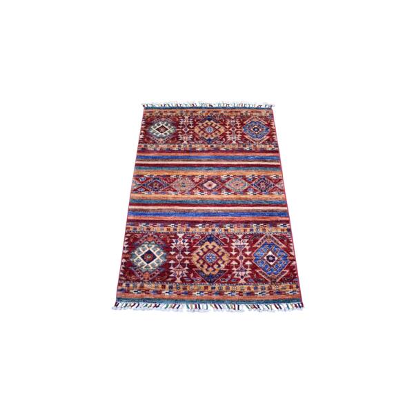 2'8"x4' Brick Red, Natural Dyes, Pure Wool, Hand Knotted, Afghan Super Kazak, Khorjin Design with Colorful Tassels, Oriental Rug  - 71082