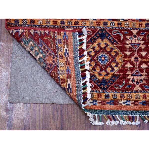 2'8"x4' Brick Red, Natural Dyes, Pure Wool, Hand Knotted, Afghan Super Kazak, Khorjin Design with Colorful Tassels, Oriental Rug  - 71082 - Image 3