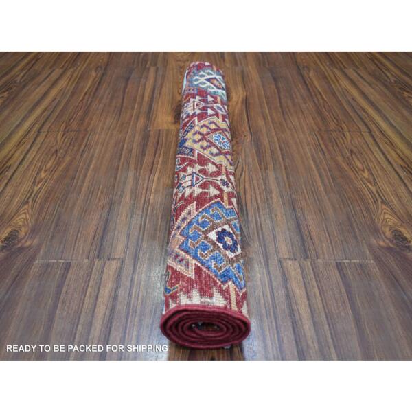 2'8"x4' Brick Red, Natural Dyes, Pure Wool, Hand Knotted, Afghan Super Kazak, Khorjin Design with Colorful Tassels, Oriental Rug  - 71082 - Image 5