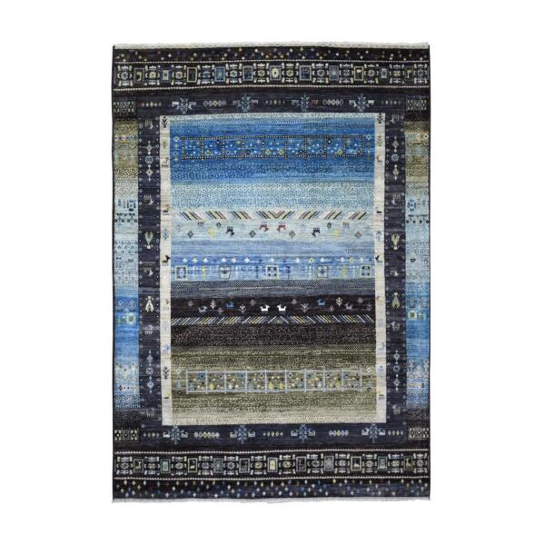 5'10"x9'1" Charcoal Black with Blue, Afghan Kashkuli Gabbeh, Featuring Deers, Fine Weave, Hand Knotted Pure Wool Oriental Rug  - 71144