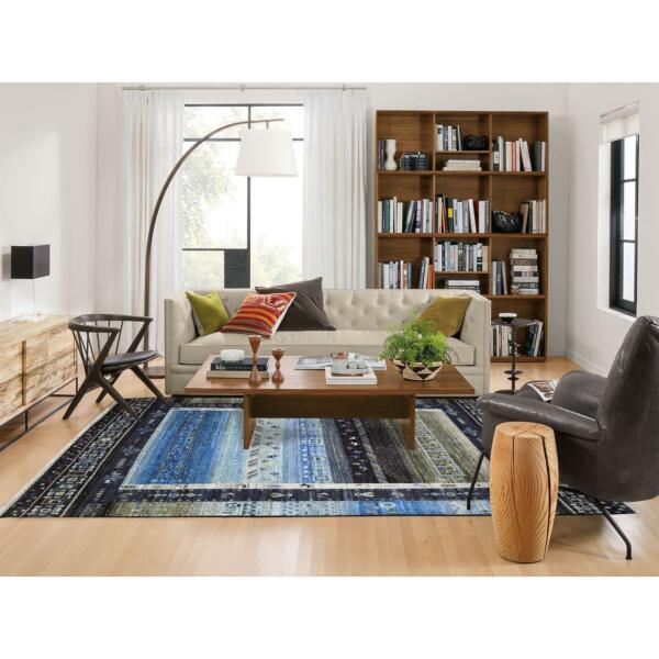 5'10"x9'1" Charcoal Black with Blue, Afghan Kashkuli Gabbeh, Featuring Deers, Fine Weave, Hand Knotted Pure Wool Oriental Rug  - 71144 - Image 3