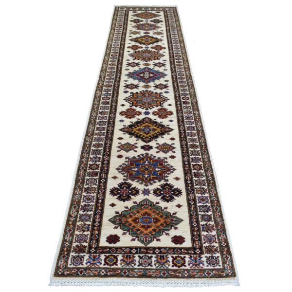 2'9"x12'7" Ivory Afghan Super Kazak with Geometric Medallion Design Hand Knotted, Pure Wool Runner Oriental Rug  - 71219