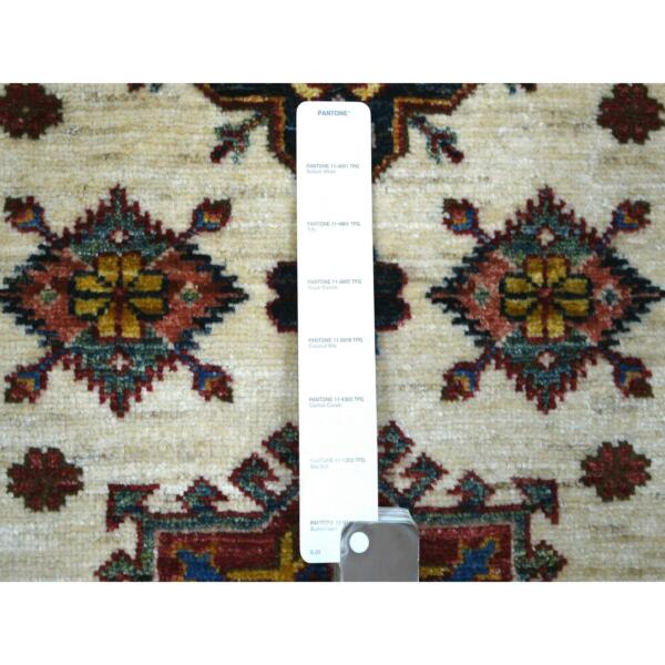 2'9"x12'7" Ivory Afghan Super Kazak with Geometric Medallion Design Hand Knotted, Pure Wool Runner Oriental Rug  - 71219 - Image 4