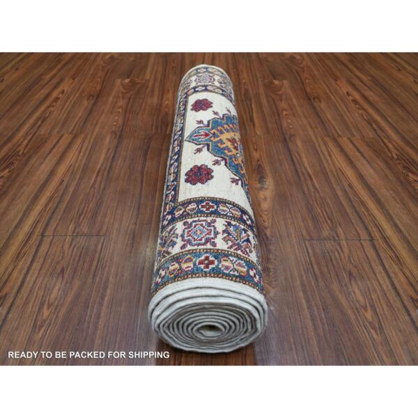 2'9"x12'7" Ivory Afghan Super Kazak with Geometric Medallion Design Hand Knotted, Pure Wool Runner Oriental Rug  - 71219 - Image 5