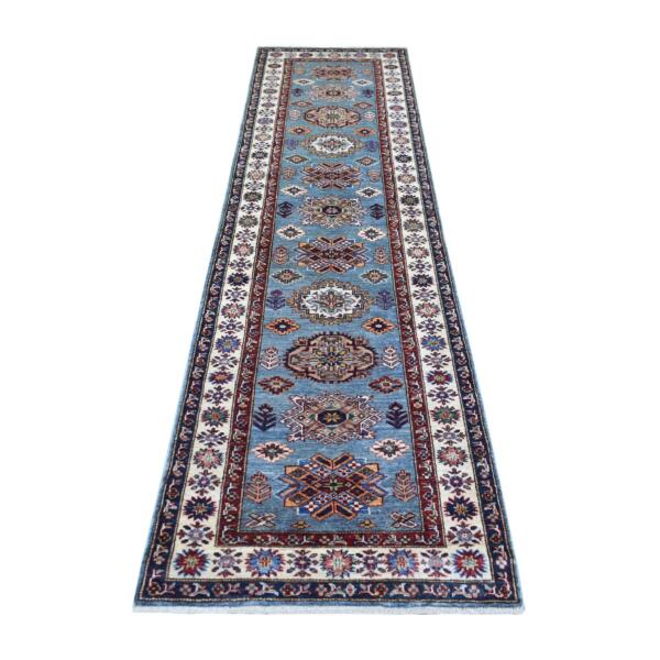 2'7"x9'10" Light Blue, Natural Dyes Afghan Super Kazak with Geometric Medallion Design Hand Knotted Pure Wool Oriental Rug  - 71291