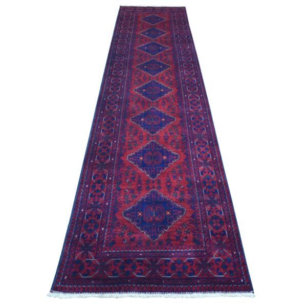 2'9"x12'10" Deep and Saturated Red, Afghan Khamyab with Geometric Medallions Design, Velvety Wool Hand Knotted, Runner Oriental Rug  - 71569