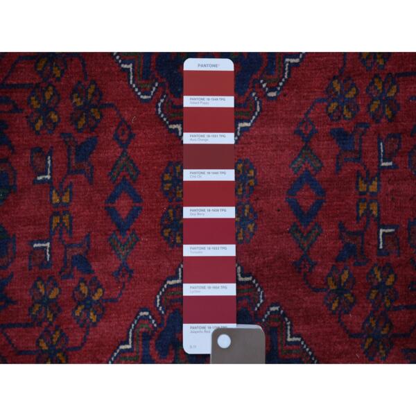 2'9"x12'10" Deep and Saturated Red, Afghan Khamyab with Geometric Medallions Design, Velvety Wool Hand Knotted, Runner Oriental Rug  - 71569 - Image 4