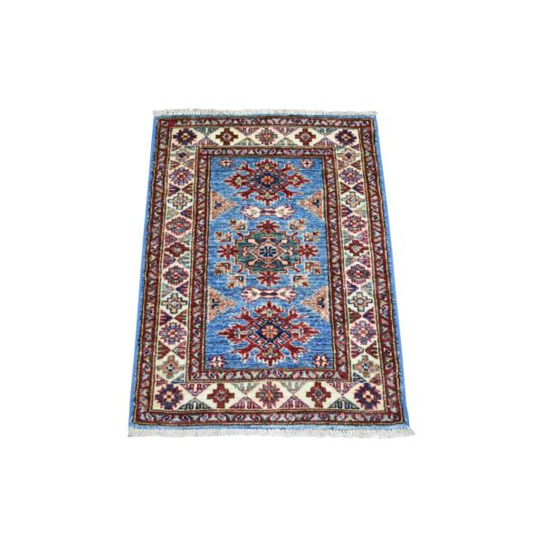 2'x2'9" Denim Blue, Hand Knotted Caucasian Super Kazak with Geometric Design, Natural Dyes Densely Woven Shiny and Soft Wool, Mat Oriental Rug  - 71584