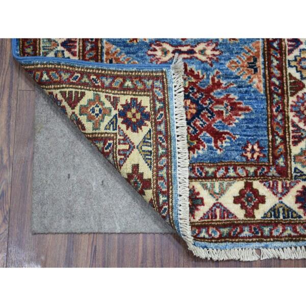 2'x2'9" Denim Blue, Hand Knotted Caucasian Super Kazak with Geometric Design, Natural Dyes Densely Woven Shiny and Soft Wool, Mat Oriental Rug  - 71584 - Image 3