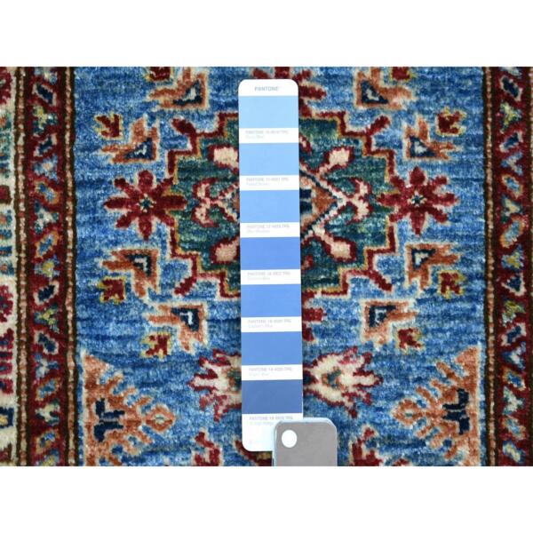 2'x2'9" Denim Blue, Hand Knotted Caucasian Super Kazak with Geometric Design, Natural Dyes Densely Woven Shiny and Soft Wool, Mat Oriental Rug  - 71584 - Image 4