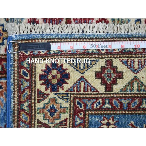 2'x2'9" Denim Blue, Hand Knotted Caucasian Super Kazak with Geometric Design, Natural Dyes Densely Woven Shiny and Soft Wool, Mat Oriental Rug  - 71584 - Image 7