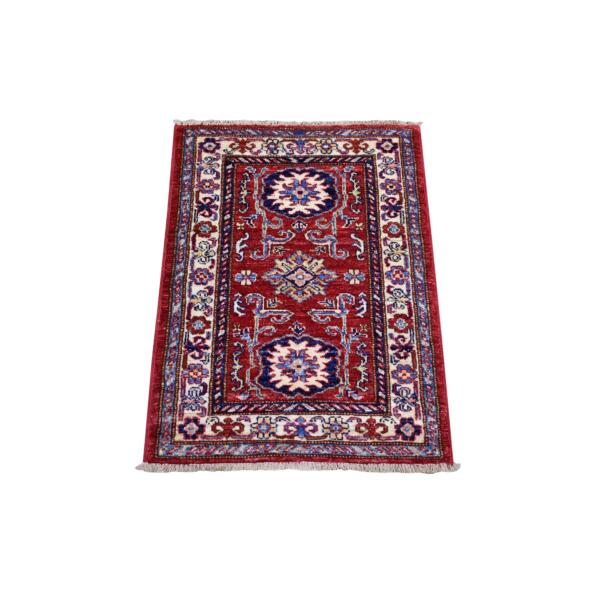 2'x2'10" Rich Red, Hand Knotted Afghan Super Kazak, Natural Dyes Densely Woven Soft Wool, Mat Oriental Rug  - 71589