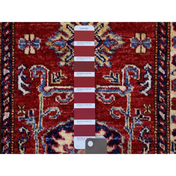 2'x2'10" Rich Red, Hand Knotted Afghan Super Kazak, Natural Dyes Densely Woven Soft Wool, Mat Oriental Rug  - 71589 - Image 4