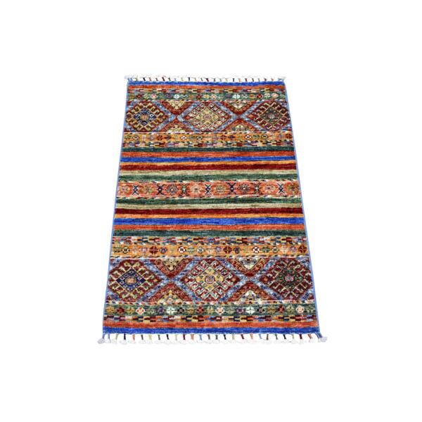 2'x3'2" Colorful, Hand Knotted Afghan Super Kazak with Khorjin Design, Natural Dyes Densely Woven Ghazni Wool, Mat Oriental Rug  - 71668