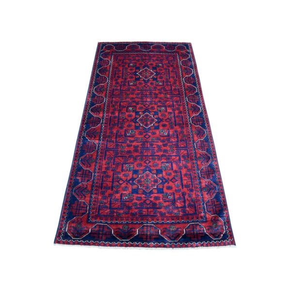 3'x6'2" Deep and Saturated Red, Hand Knotted Afghan Khamyab with Geometric Design Soft and Shiny Wool, Wide Runner Oriental Rug  - 71691