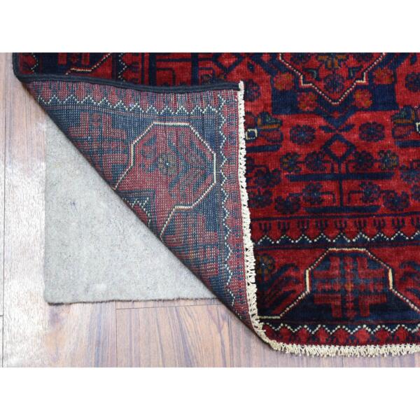 3'x6'2" Deep and Saturated Red, Hand Knotted Afghan Khamyab with Geometric Design Soft and Shiny Wool, Wide Runner Oriental Rug  - 71691 - Image 3