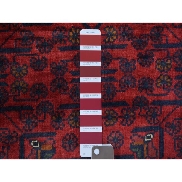 3'x6'2" Deep and Saturated Red, Hand Knotted Afghan Khamyab with Geometric Design Soft and Shiny Wool, Wide Runner Oriental Rug  - 71691 - Image 4