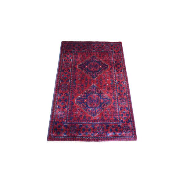 2'8"x4'1" Deep and Saturated Red, Afghan Khamyab with Double Geometric Medallions Design, Soft and Shiny Wool Hand Knotted, Oriental Rug  - 71697