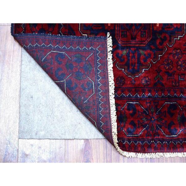 2'8"x4'1" Deep and Saturated Red, Afghan Khamyab with Double Geometric Medallions Design, Soft and Shiny Wool Hand Knotted, Oriental Rug  - 71697 - Image 3