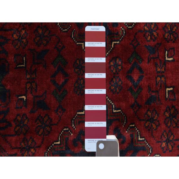 2'8"x4'1" Deep and Saturated Red, Afghan Khamyab with Double Geometric Medallions Design, Soft and Shiny Wool Hand Knotted, Oriental Rug  - 71697 - Image 4