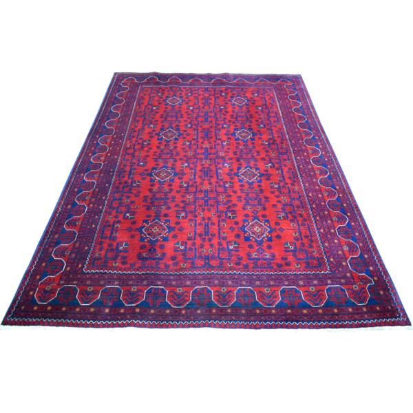 5'7"x7'6" Deep and Saturated Red with Touches of Blue, Afghan Khamyab with Geometric Design, Shiny Wool Hand Knotted, Oriental Rug  - 71786