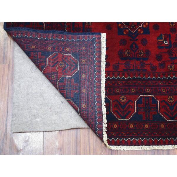 5'7"x7'6" Deep and Saturated Red with Touches of Blue, Afghan Khamyab with Geometric Design, Shiny Wool Hand Knotted, Oriental Rug  - 71786 - Image 3