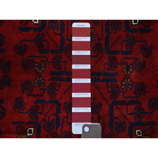 5'7"x7'6" Deep and Saturated Red with Touches of Blue, Afghan Khamyab with Geometric Design, Shiny Wool Hand Knotted, Oriental Rug  - 71786 - Image 4