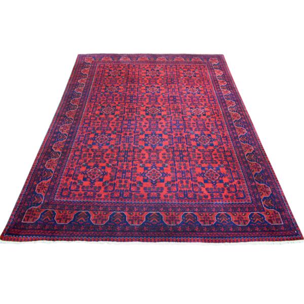 5'8"x7'5" Deep and Saturated Red with Touches of Blue, Hand Knotted Afghan Khamyab with Geometric Design, Soft and Velvety Wool, Oriental Rug  - 71787