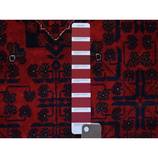 5'8"x7'5" Deep and Saturated Red with Touches of Blue, Hand Knotted Afghan Khamyab with Geometric Design, Soft and Velvety Wool, Oriental Rug  - 71787 - Image 4