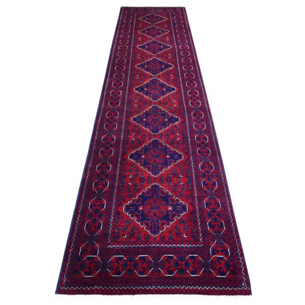 2'9"x12'10" Deep and Saturated Red, Afghan Khamyab with Large Tribal Medallions Design, Soft and Shiny Wool Hand Knotted, Runner Oriental Rug  - 71812